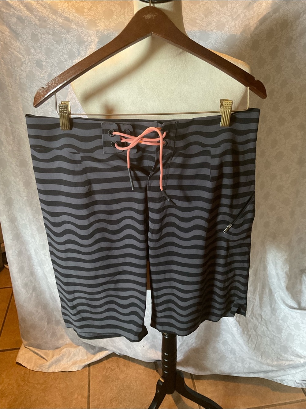 lululemon athletica Black & Gray Striped Board Shorts with Coral Drawstring
